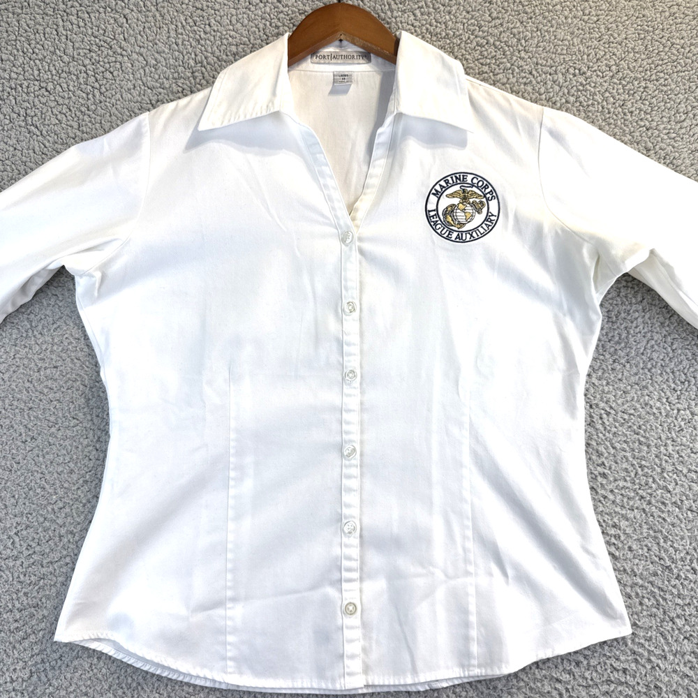 Port Authority Ladies Med M Marine Corps League Auxiliary Logo White Long Sleeve